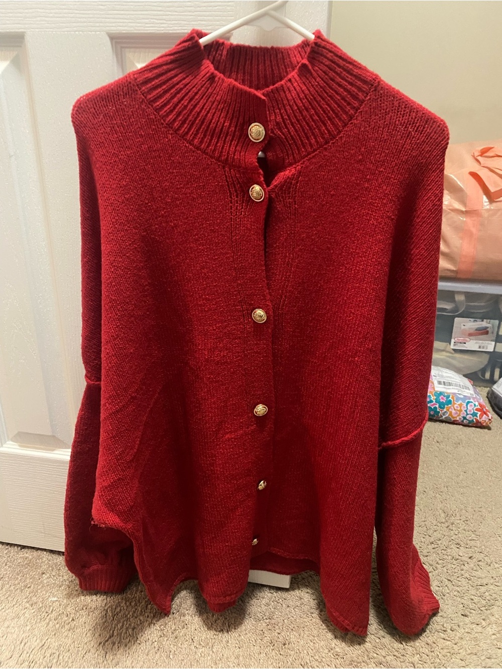 Textured Red Button-Front Women's Cardigan Sweater